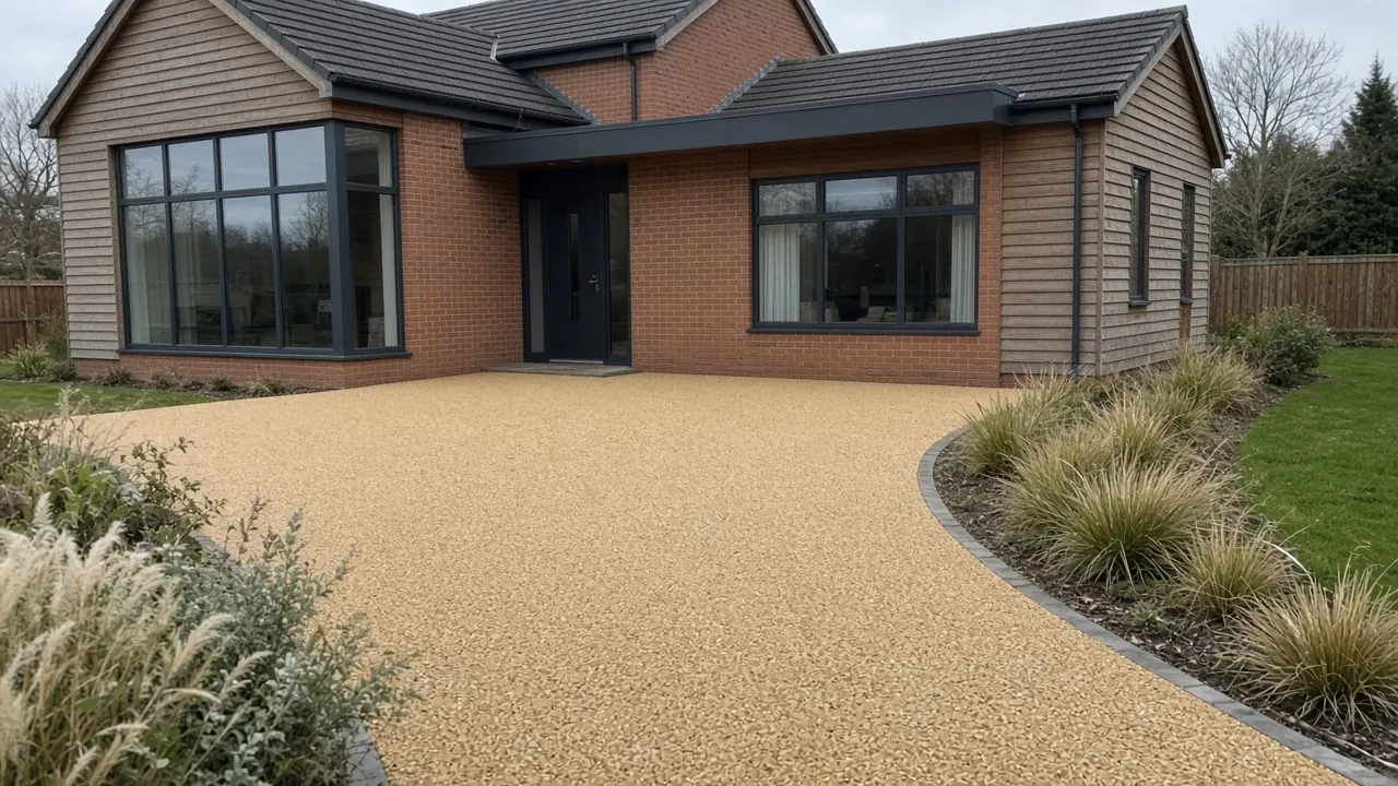 Example image: a golden resin-bound driveway at a contemporary detached house