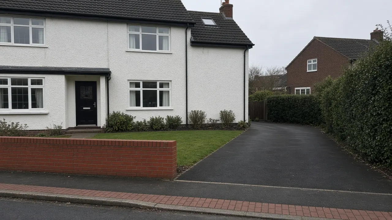 Example image: a black tarmac driveway with red block edging outside a 1960s semi